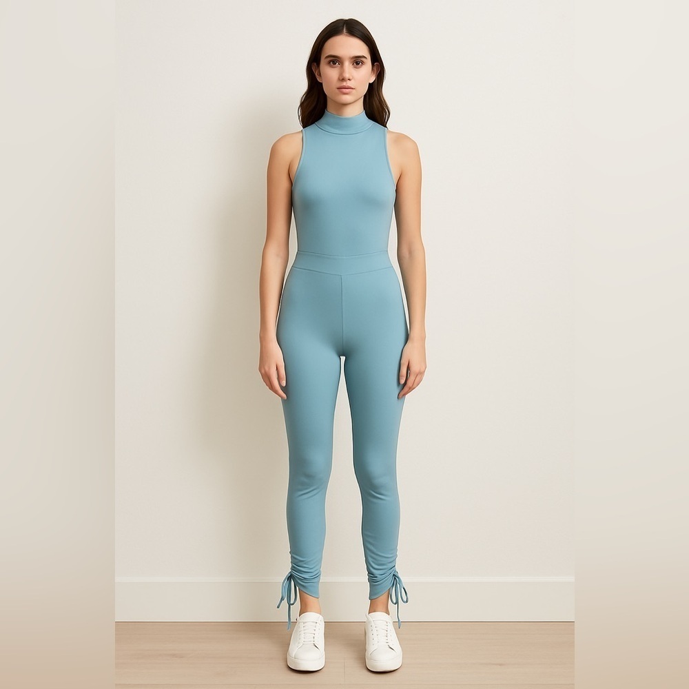 Fashion Nova Light Blue Sleeveless Bodysuit & Ruched Pants Set - Size S